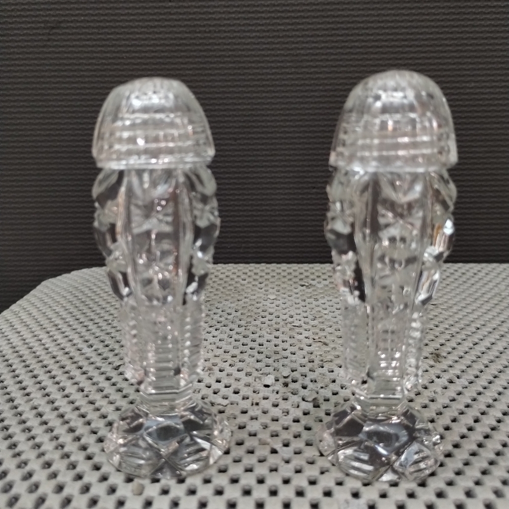 Vintage Bohemian Czech Cut Crystal Glass Pedestal Salt and Pepper Shakers